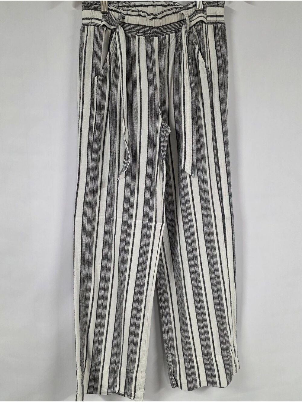 Rewind Women's Linen Blend Striped Pocketed Pants, Tie Waist, Size Small